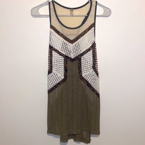 Small BKE Green Brown White Lace MultiPattern Sleeveless Top